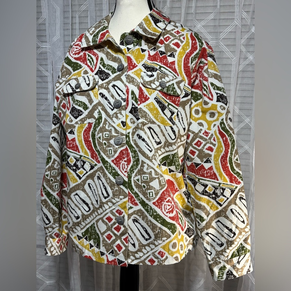 Breckenridge ladies Large Vintage 90’s geometric print shirt jacket 25”L22” p2p